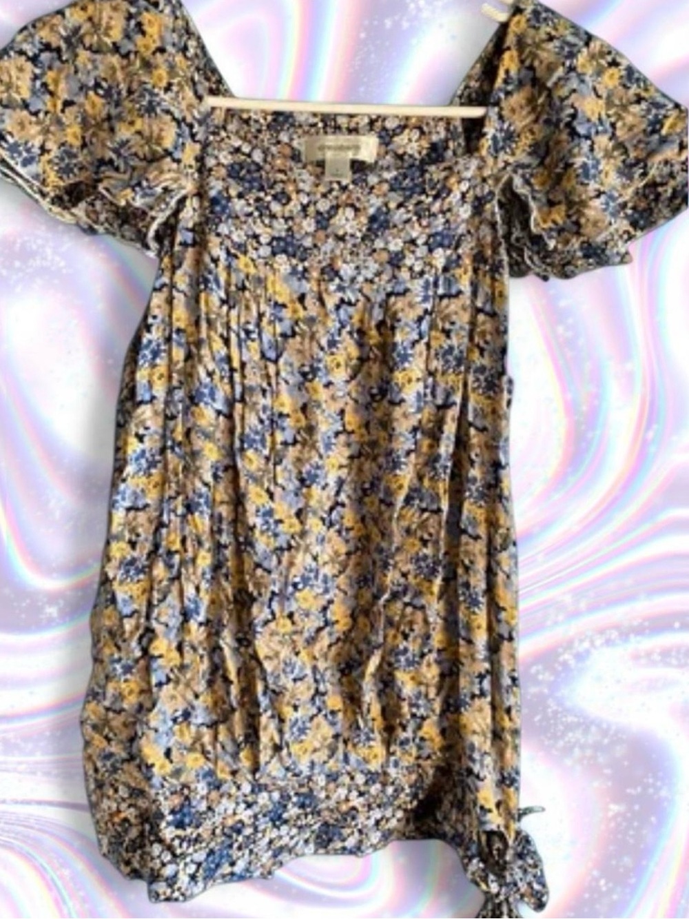 Dressbarn Navy and Yellow Floral Babydoll Tunic Top